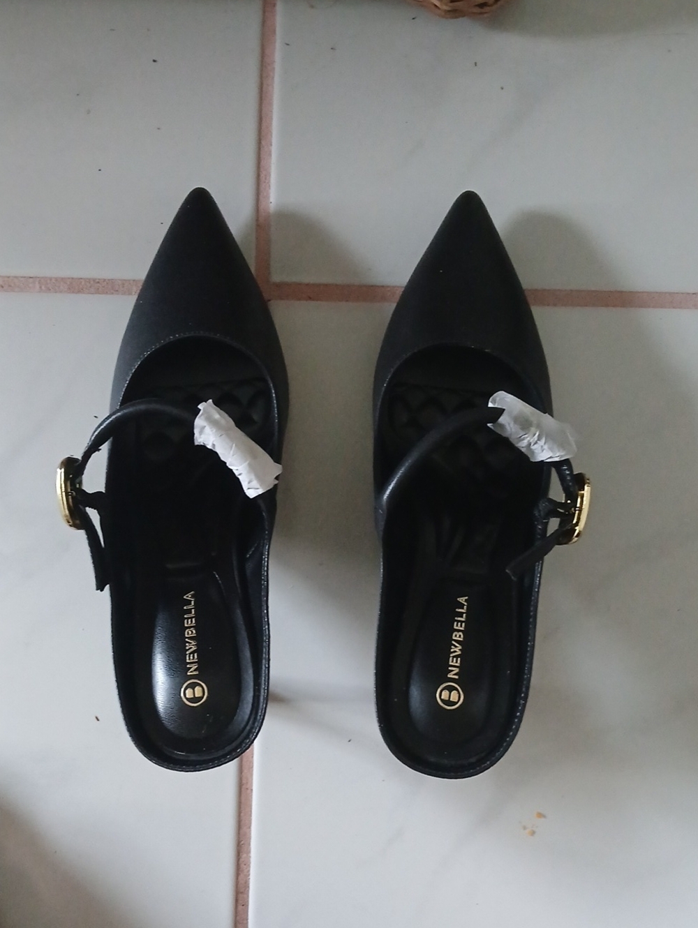 Newbella Black Pointed Slingback Heels with Gold Buckle Size 7 W